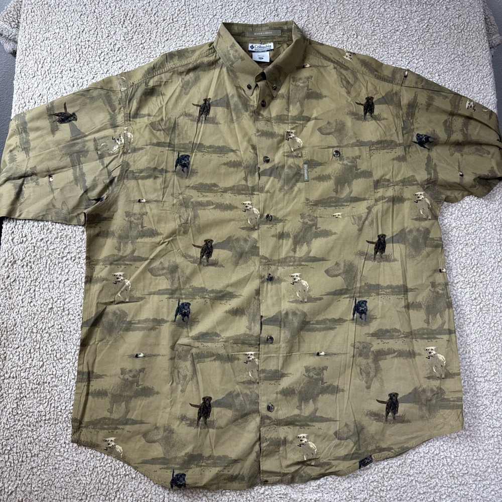 Columbia River Lodge Mens XXL Hunting Dog Lab Print Shirt Military Brown Tan